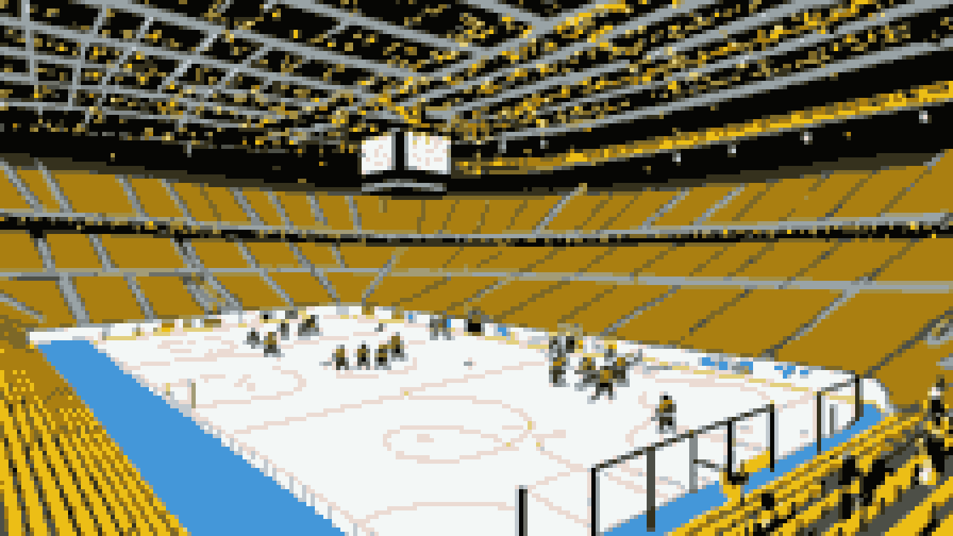 Retro 8-bit illustration: an indoor hockey arena with steep stands (AI-generated illustration)