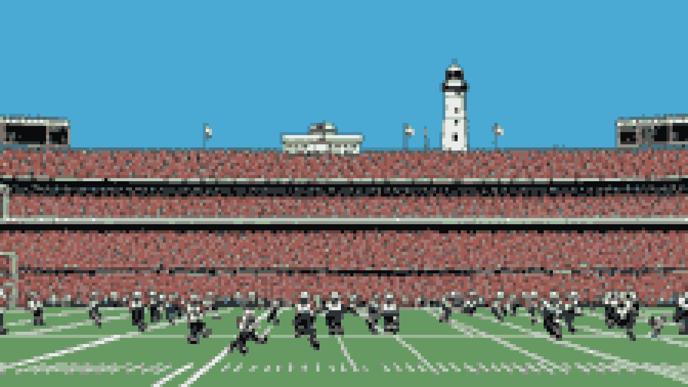 Retro 8-bit illustration: a big modern open-air football stadium with a tall white lighthouse and a covered footbridge structure towering over one end zone (AI-generated illustration)