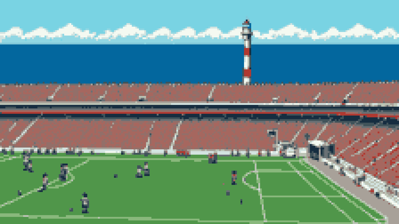 Retro 8-bit illustration: a big modern open-air stadium with a tall white lighthouse and a covered footbridge structure towering over one end (AI-generated illustration)