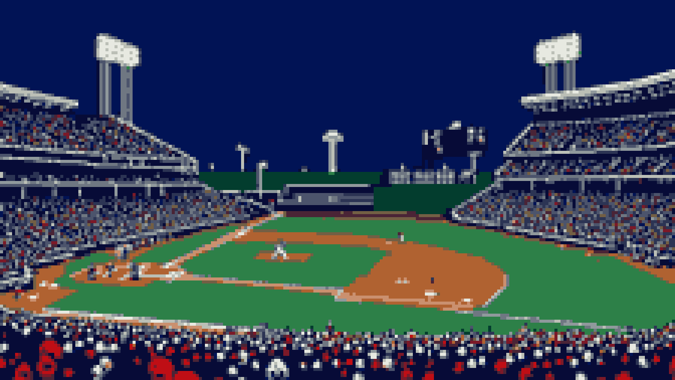 Retro 8-bit illustration: behind-the-pitcher view of a big baseball stadium (AI-generated illustration)