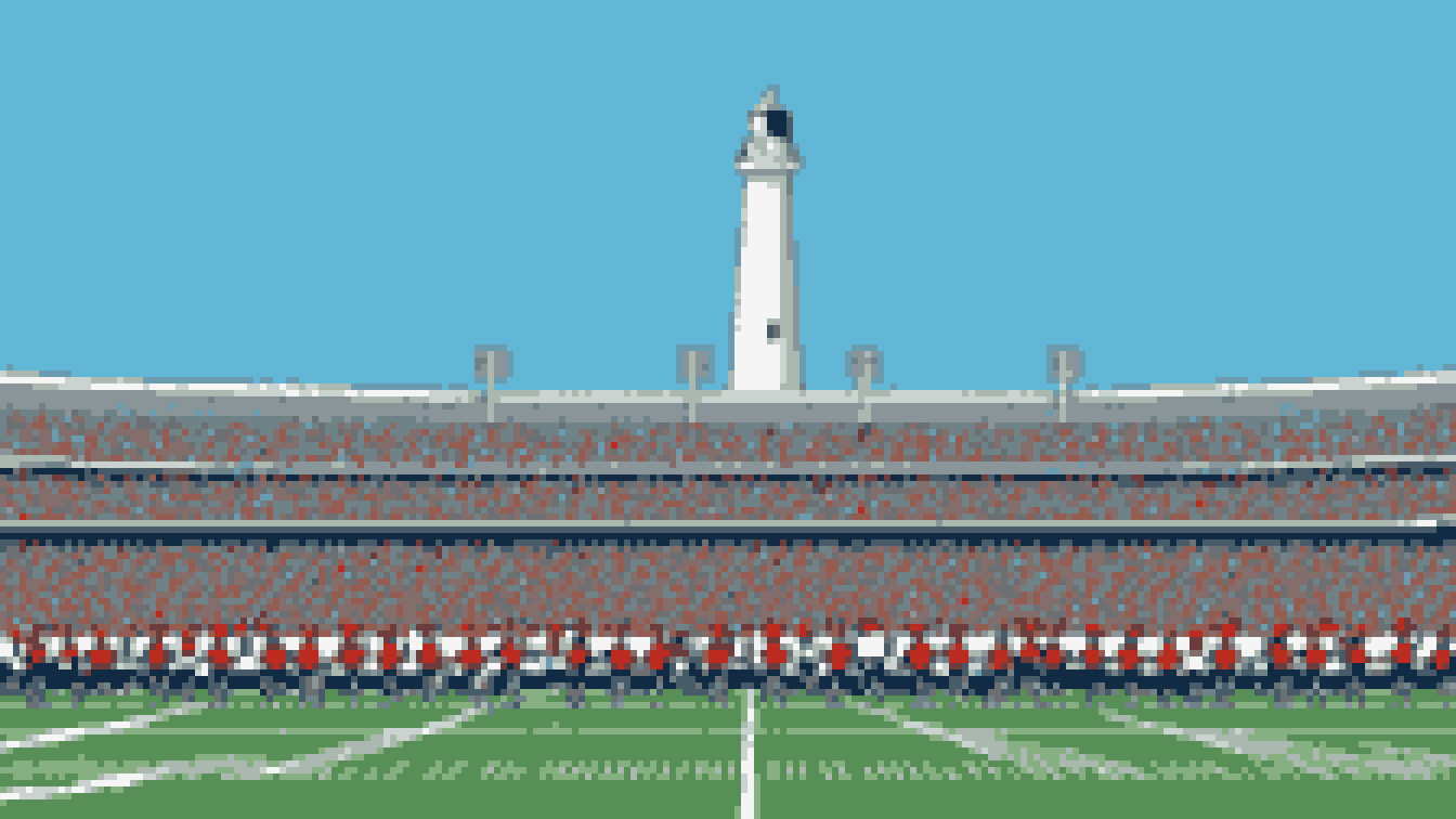 Retro 8-bit illustration: a big modern open-air football stadium with a tall white lighthouse and a covered footbridge structure towering over one end zone (AI-generated illustration)