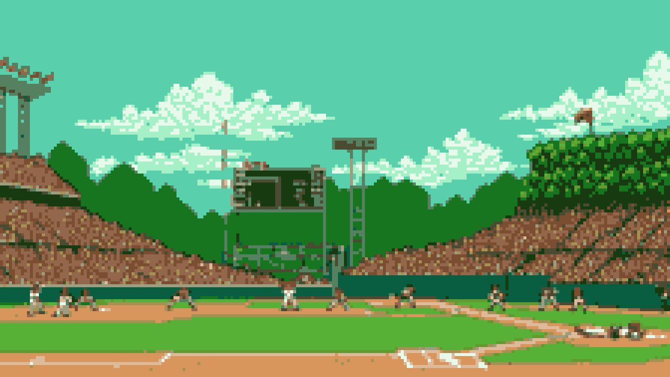 Retro 8-bit illustration: a cozy old-time ballpark squeezed into the city (AI-generated illustration)