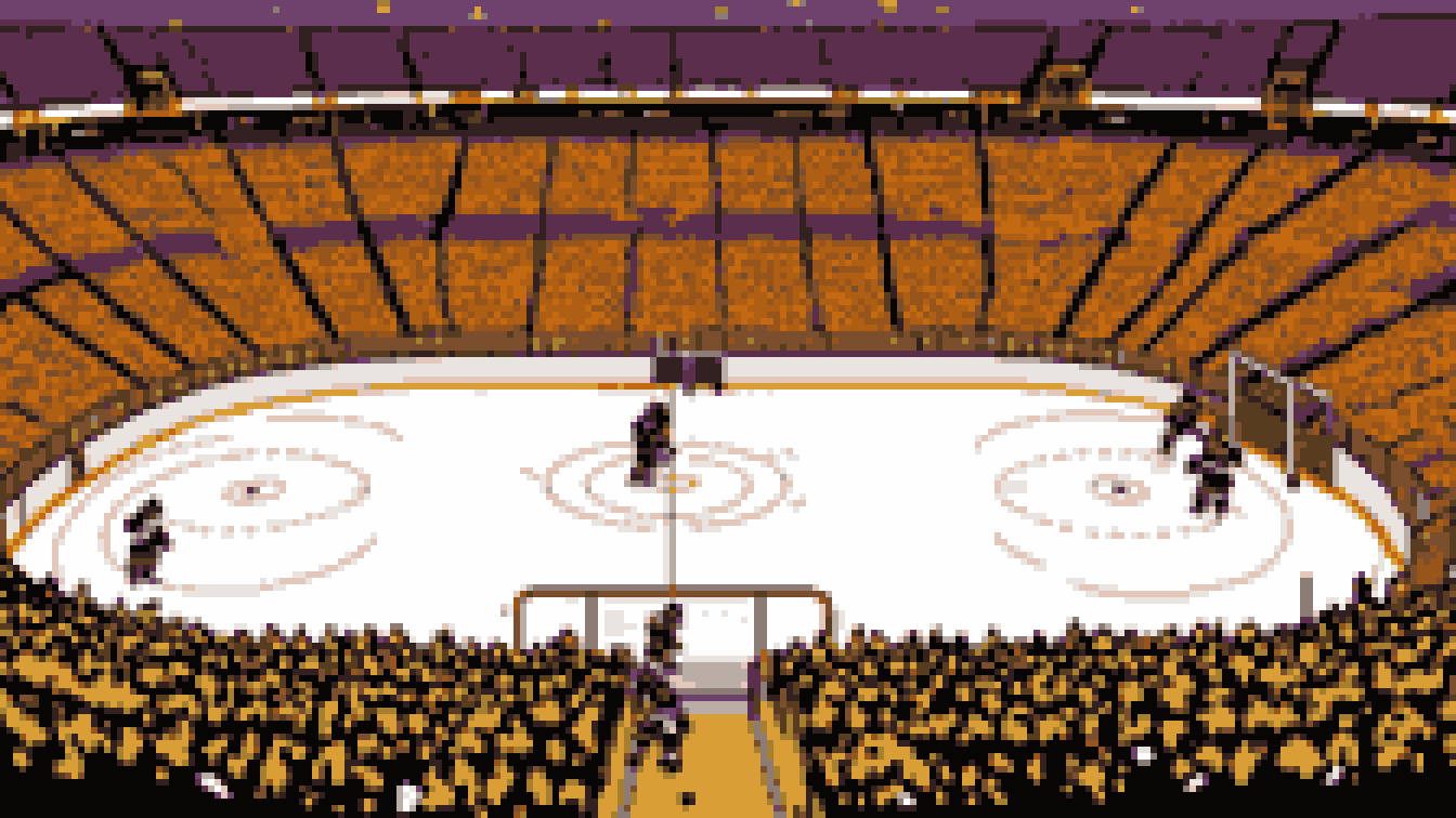 Retro 8-bit illustration: view down a hockey rink inside a big arena (AI-generated illustration)