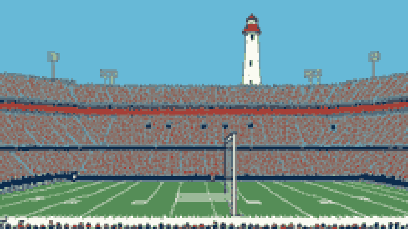 Retro 8-bit illustration: a big modern open-air football stadium with a tall white lighthouse and a covered footbridge structure towering over one end zone (AI-generated illustration)