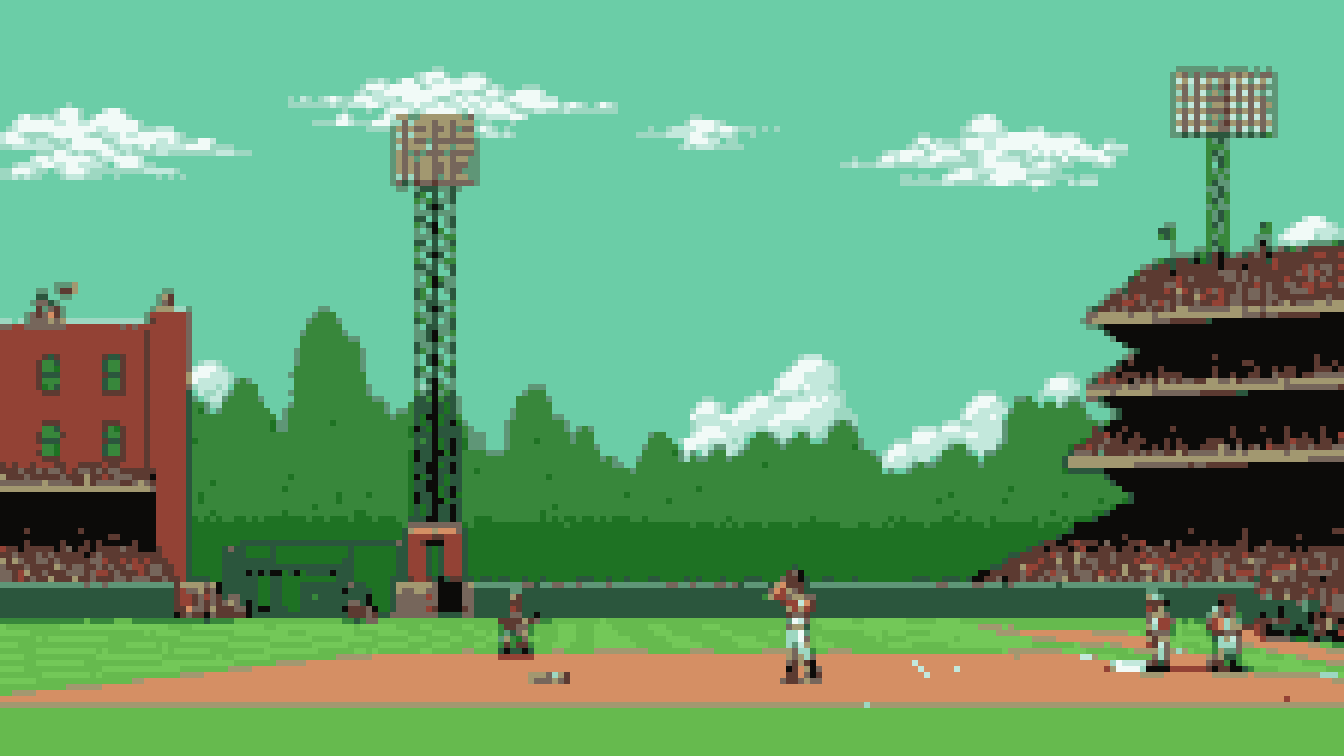 Retro 8-bit illustration: a cozy old-time ballpark squeezed into the city (AI-generated illustration)