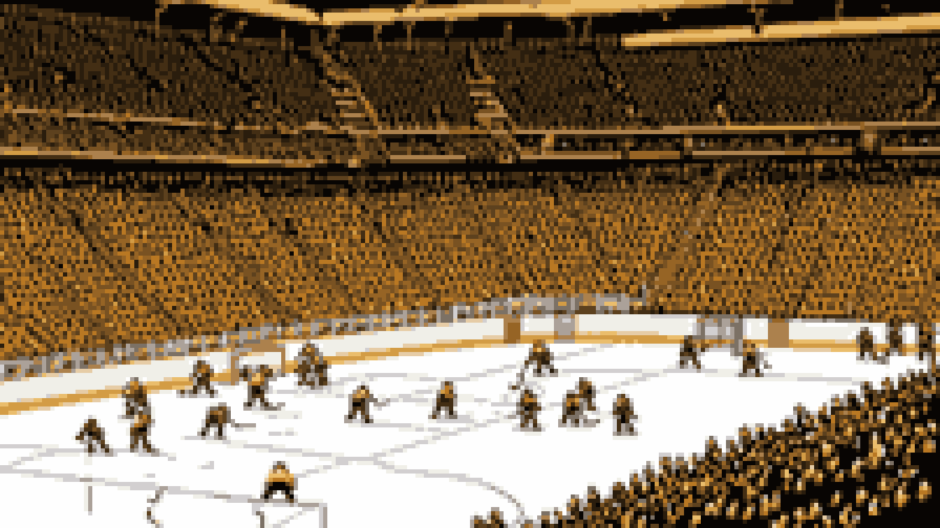 Retro 8-bit illustration: an indoor hockey arena with steep stands (AI-generated illustration)