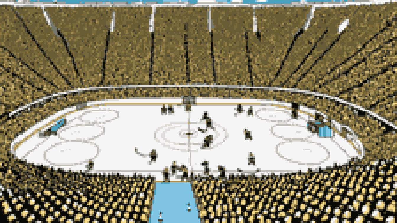 Retro 8-bit illustration: view down a hockey rink inside a big arena (AI-generated illustration)