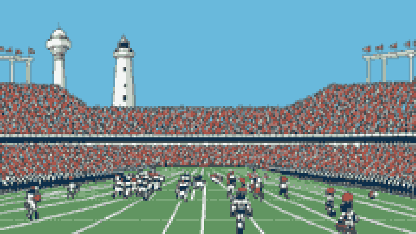 Retro 8-bit illustration: a big modern open-air football stadium with a tall white lighthouse and a covered footbridge structure towering over one end zone (AI-generated illustration)