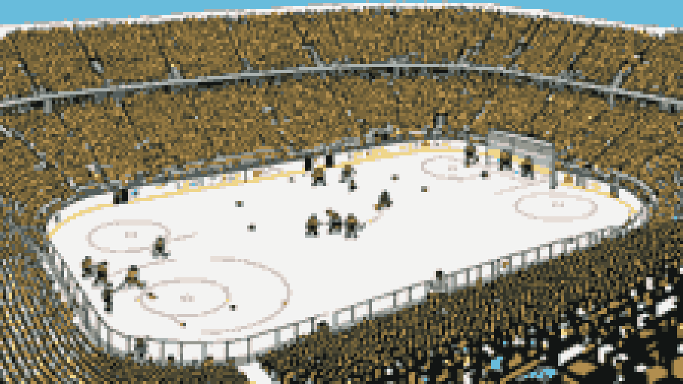 Retro 8-bit illustration: high view of a whole hockey rink in a big arena (AI-generated illustration)