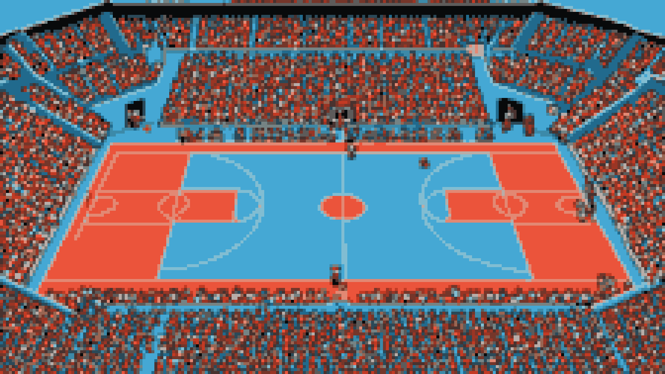 Retro 8-bit illustration: high view of a whole basketball court in a big arena (AI-generated illustration)