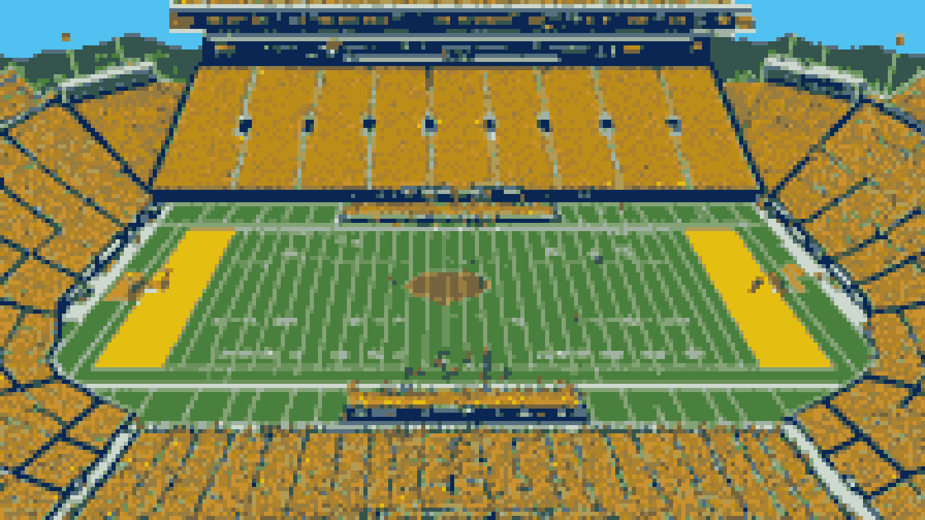 Retro 8-bit illustration: high view down an american football field in a big stadium (AI-generated illustration)