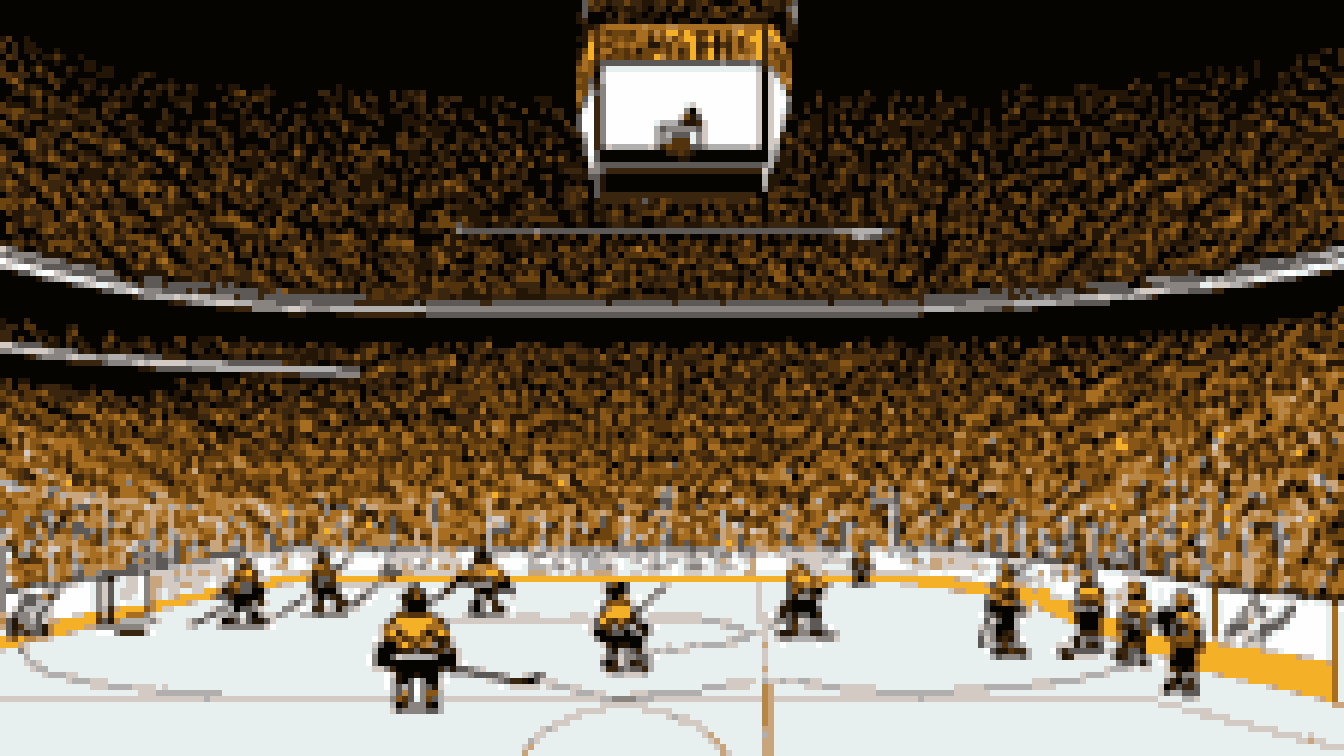 Retro 8-bit illustration: an indoor hockey arena with steep stands (AI-generated illustration)