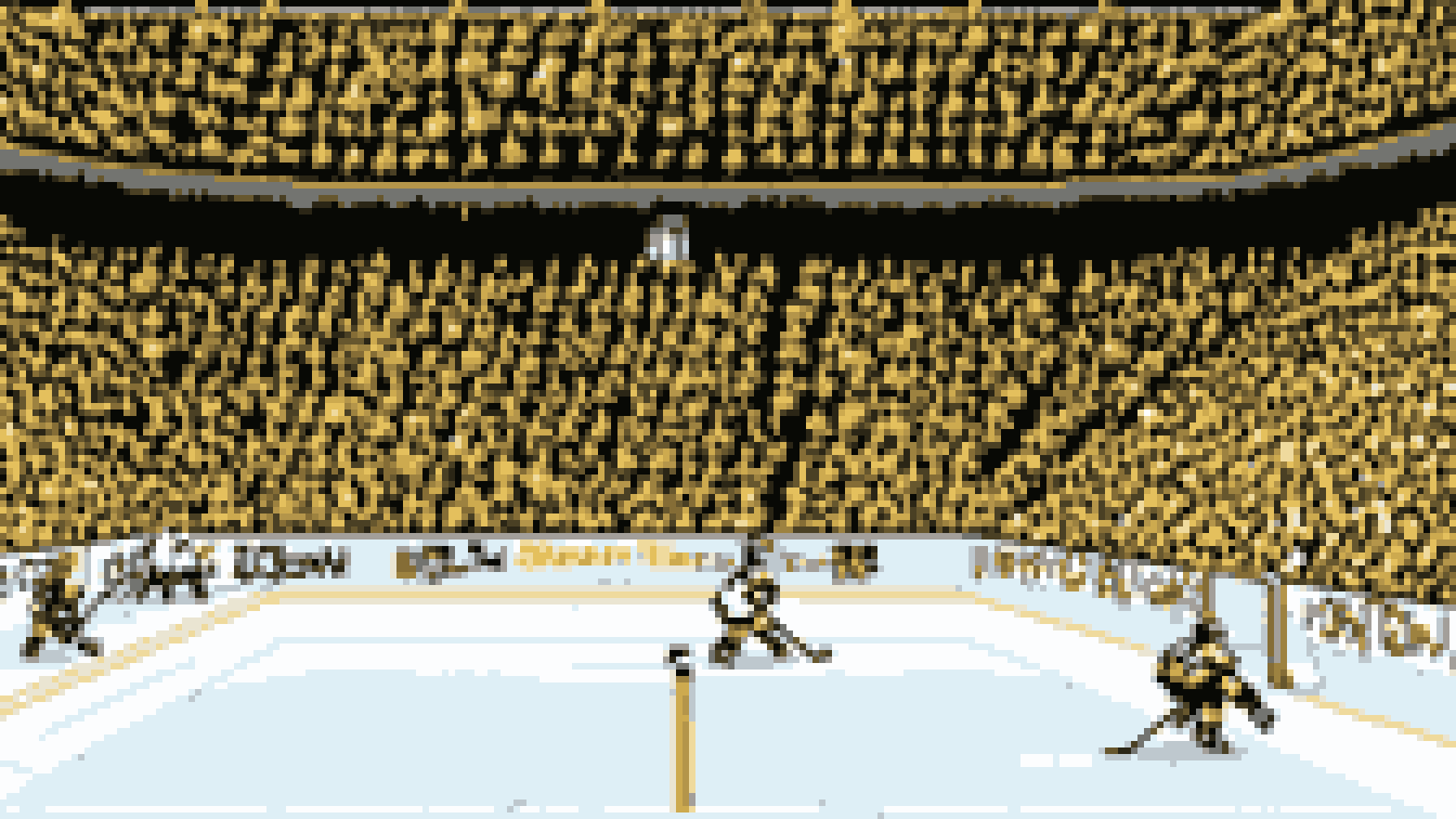 Retro 8-bit illustration: an indoor hockey arena with steep stands (AI-generated illustration)
