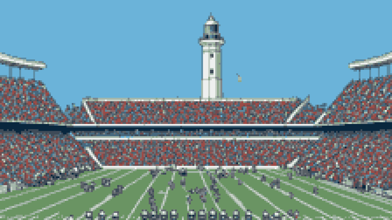 Retro 8-bit illustration: a big modern open-air football stadium with a tall white lighthouse and a covered footbridge structure towering over one end zone (AI-generated illustration)