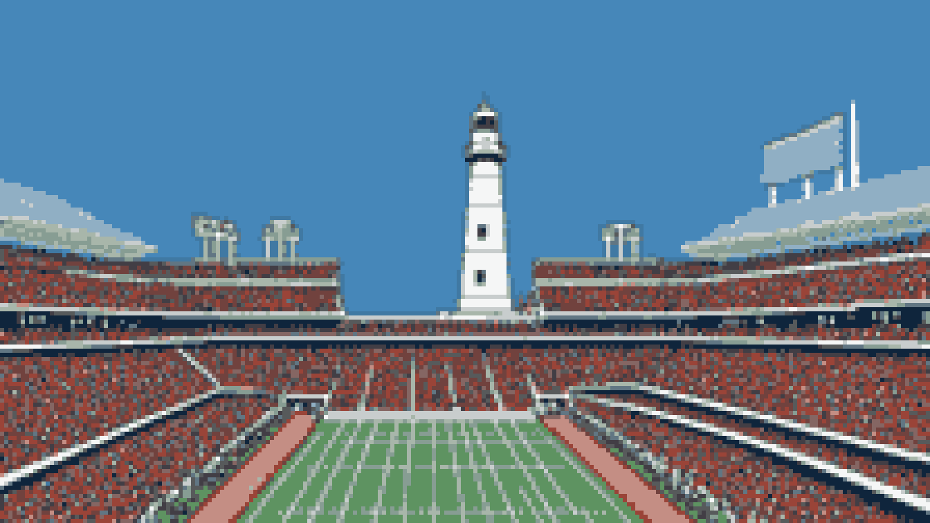 Retro 8-bit illustration: a big modern open-air football stadium with a tall white lighthouse and a covered footbridge structure towering over one end zone (AI-generated illustration)